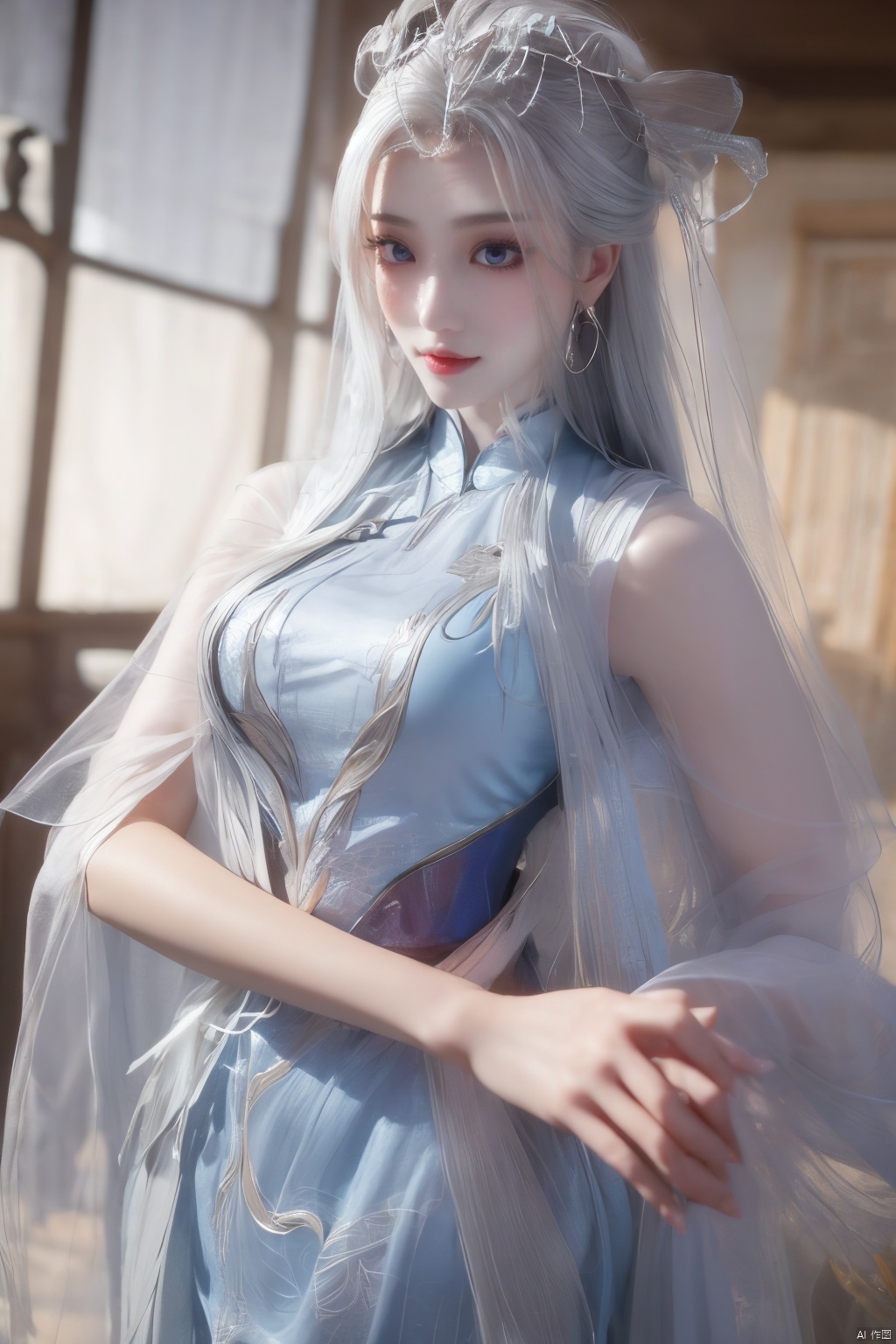 masterpiece,(best quality),official art,extremely detailed cg 8k wallpaper,(extremely delicate and beautiful),solo,realistic,photo_\(medium\),chinese clothes,blue dress,1girl,solo,blue eyes,earrings,mole,white hair,armor,crown,mole under eye,,Xningyudie,(big_breasts:1.29), Yunxiao_Fairy,X-Hydrangea,Xyupopo,Translucent veil