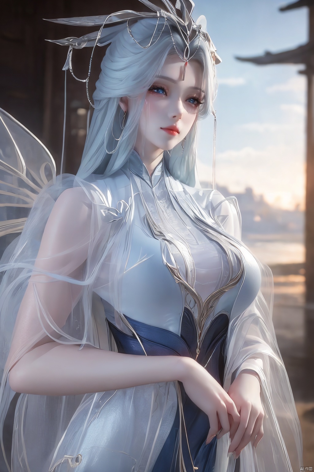masterpiece,(best quality),official art,extremely detailed cg 8k wallpaper,(extremely delicate and beautiful),solo,realistic,photo_\(medium\),chinese clothes,blue dress,1girl,solo,blue eyes,earrings,mole,white hair,armor,crown,mole under eye,,Xningyudie,(big_breasts:1.29), Yunxiao_Fairy,X-Hydrangea,Xyupopo,(veil)