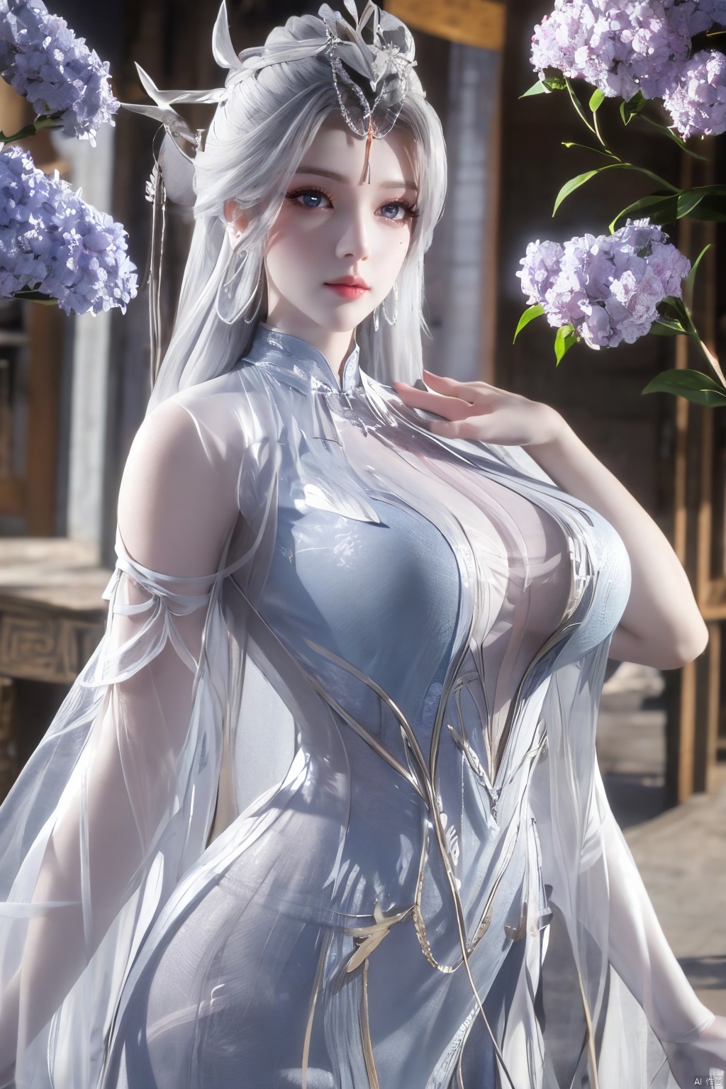 masterpiece,(best quality),official art,extremely detailed cg 8k wallpaper,(extremely delicate and beautiful),solo,realistic,photo_\(medium\),chinese clothes,blue dress,1girl,solo,blue eyes,earrings,mole,white hair,armor,crown,mole under eye,,Xningyudie,(big_breasts:1.29), Yunxiao_Fairy,X-Hydrangea,Xyupopo,(veil:1.23)