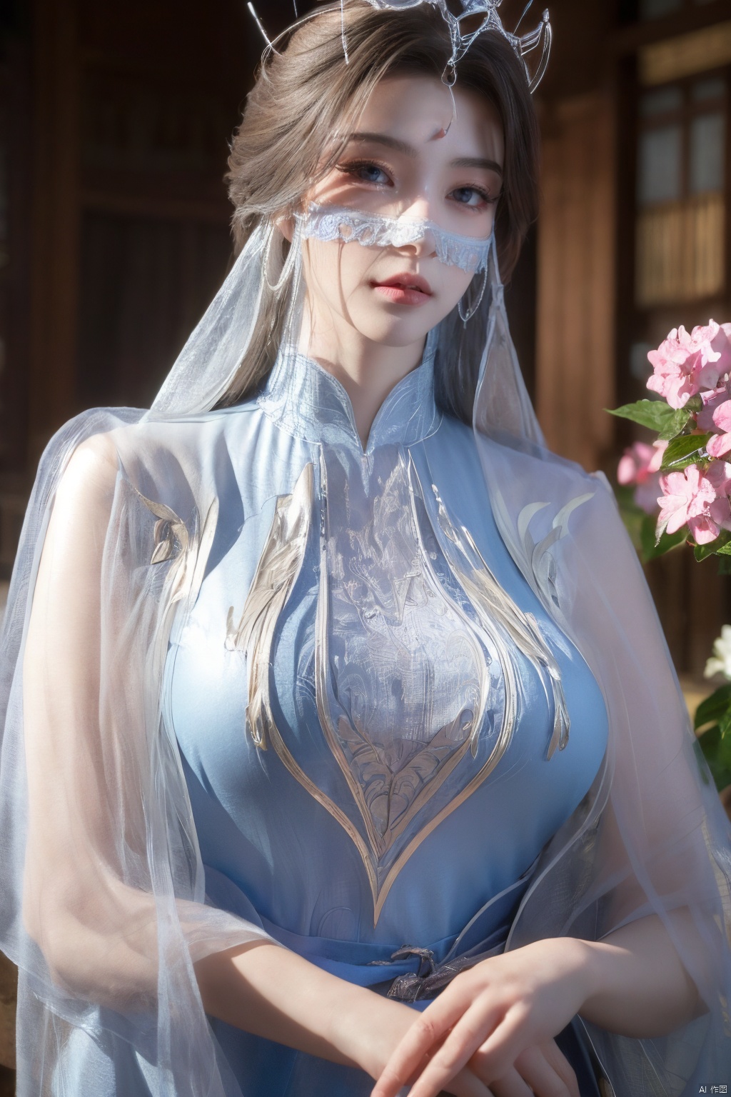 masterpiece,(best quality),official art,extremely detailed cg 8k wallpaper,(extremely delicate and beautiful),solo,realistic,photo_\(medium\),chinese clothes,blue dress,1girl,solo,blue eyes,earrings,mole,white hair,armor,crown,mole under eye,,Xningyudie,(big_breasts:1.29), Yunxiao_Fairy,X-Hydrangea,Xyupopo,(veil:1.23), 1 girl