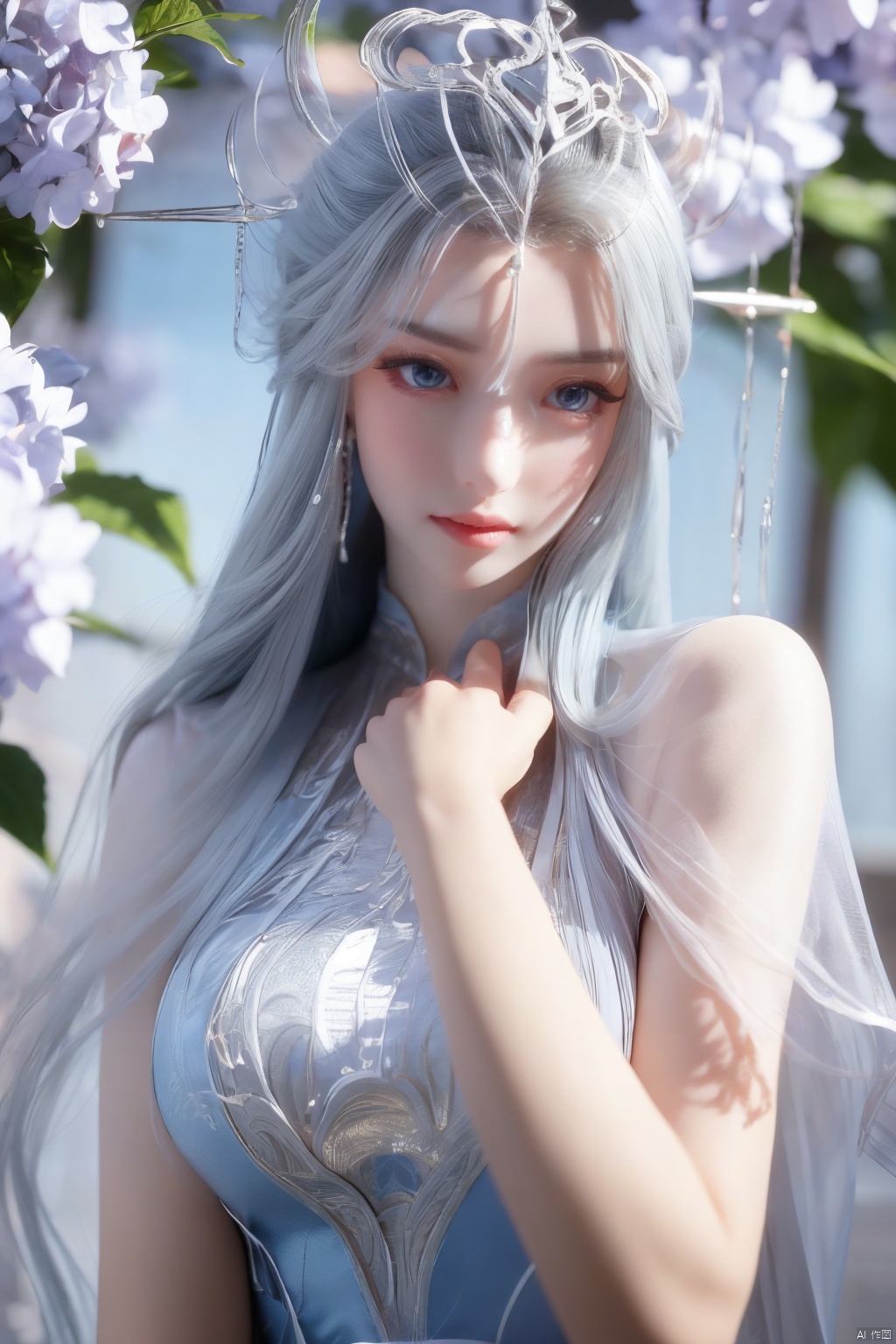 masterpiece,(best quality),official art,extremely detailed cg 8k wallpaper,(extremely delicate and beautiful),solo,realistic,photo_\(medium\),chinese clothes,blue dress,1girl,solo,blue eyes,earrings,mole,white hair,armor,crown,mole under eye,,Xningyudie,(big_breasts:1.29), Yunxiao_Fairy,X-Hydrangea,Xyupopo,(veil:1.23), 1 girl