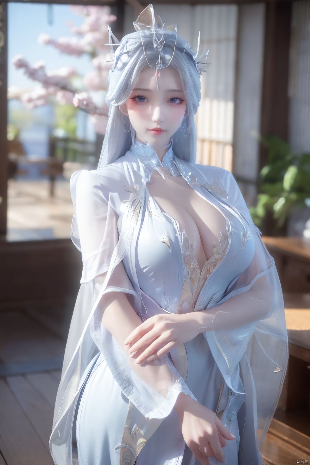 masterpiece,(best quality),official art,extremely detailed cg 8k wallpaper,(extremely delicate and beautiful),solo,realistic,photo_\(medium\),chinese clothes,blue dress,1girl,solo,blue eyes,earrings,mole,white hair,armor,crown,mole under eye,,Xningyudie,(big_breasts:1.29), Yunxiao_Fairy,X-Hydrangea,Xyupopo,(veil:1.23), 1 girl