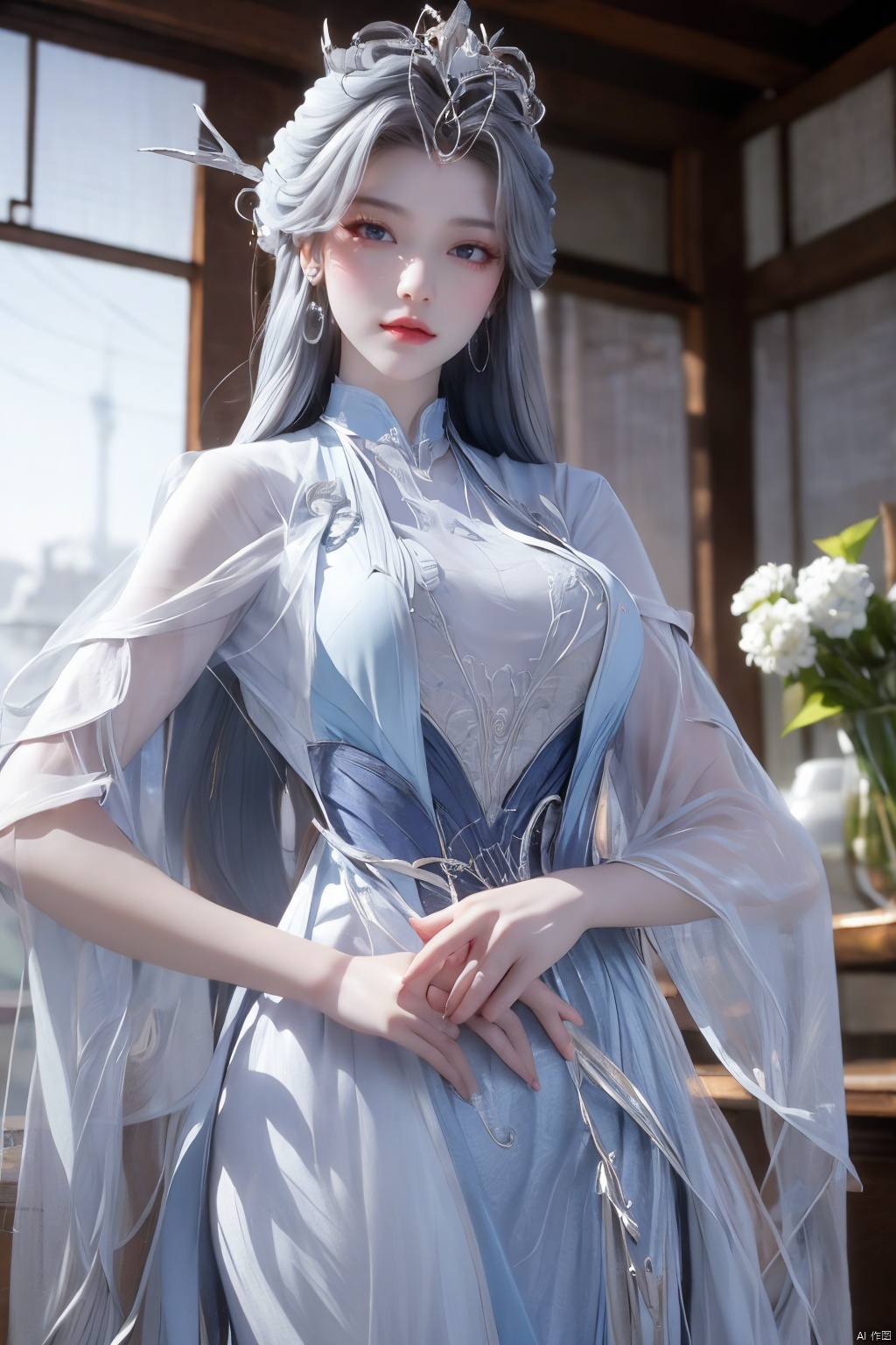 masterpiece,(best quality),official art,extremely detailed cg 8k wallpaper,(extremely delicate and beautiful),solo,realistic,photo_\(medium\),chinese clothes,blue dress,1girl,solo,blue eyes,earrings,mole,white hair,armor,crown,mole under eye,,Xningyudie,(big_breasts:1.29), Yunxiao_Fairy,X-Hydrangea,Xyupopo,Translucent veil
