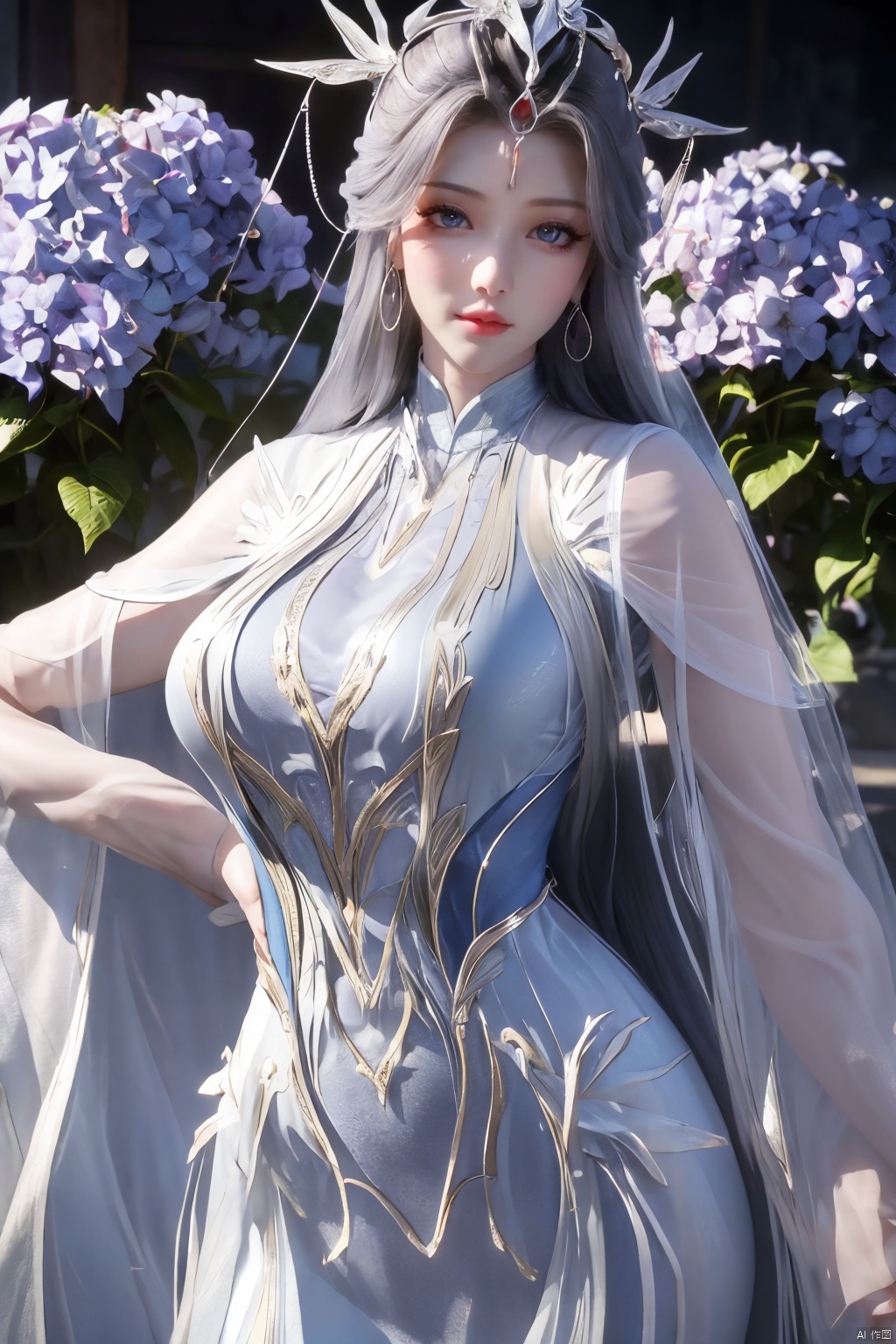 masterpiece,(best quality),official art,extremely detailed cg 8k wallpaper,(extremely delicate and beautiful),solo,realistic,photo_\(medium\),chinese clothes,blue dress,1girl,solo,blue eyes,earrings,mole,white hair,armor,crown,mole under eye,,Xningyudie,(big_breasts:1.29), Yunxiao_Fairy,X-Hydrangea,Xyupopo,(veil:1.23), 1 girl