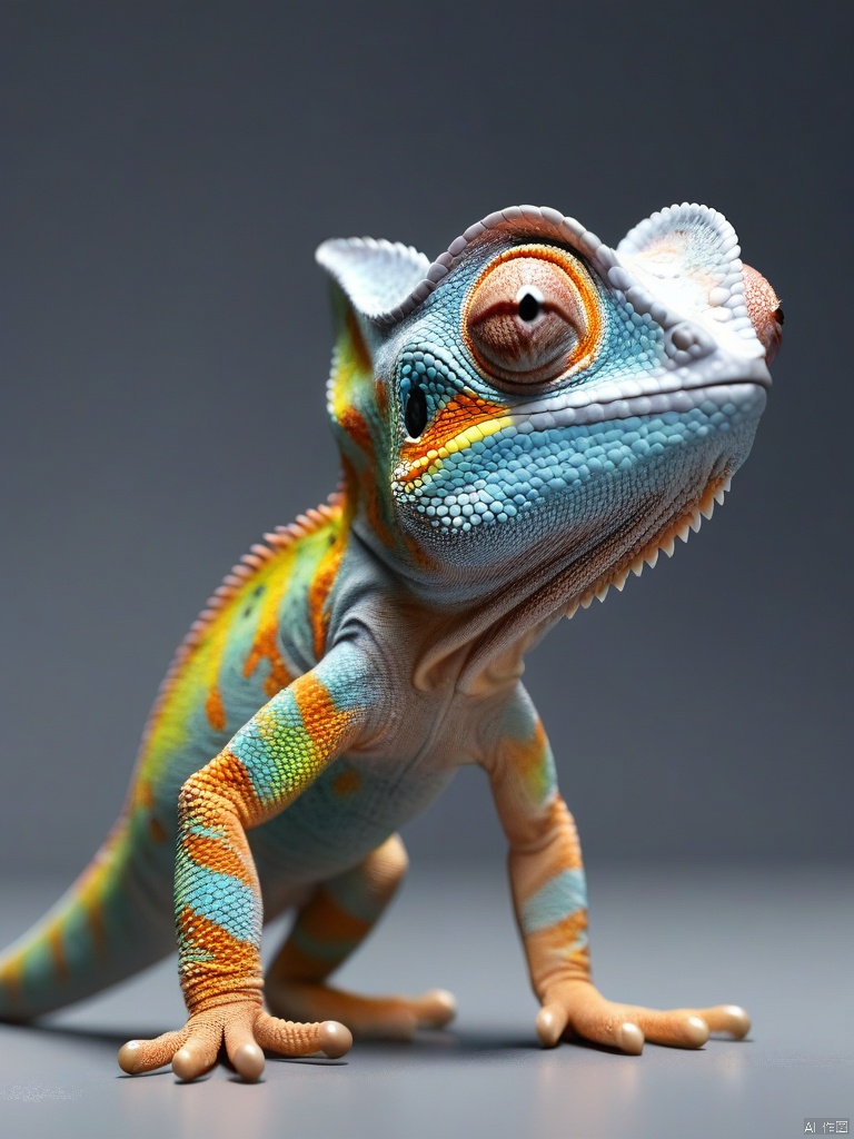 Cute chameleon, realistic, grey background, teeth, depth of field, solo, full body, shadow