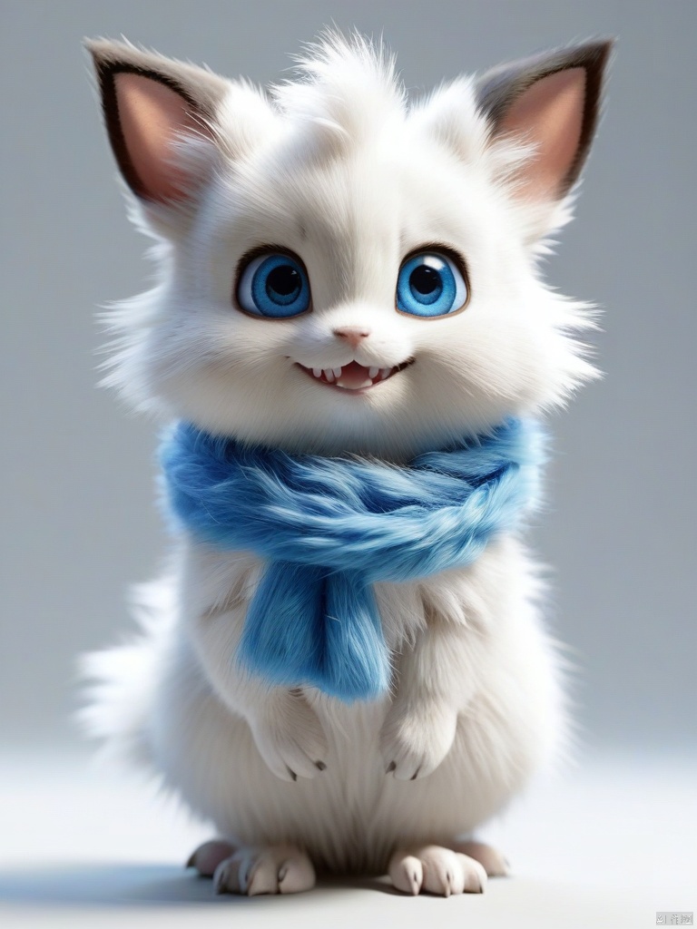 adorable animal, pokemon \(creature\), scarf, blue eyes, white background, Blue fur, realistic, solo, looking at viewer, animal, smile, animal focus, hairy