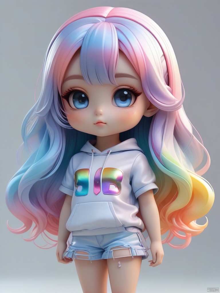 chibi,transparent colorclothing,transparent color vinyl clothing,prismatic,holographic,chromatic aberration,fashion illustration,masterpiece,girl with harajuku fashion,looking at viewer,8k,ultra detailed,Gradient hair,