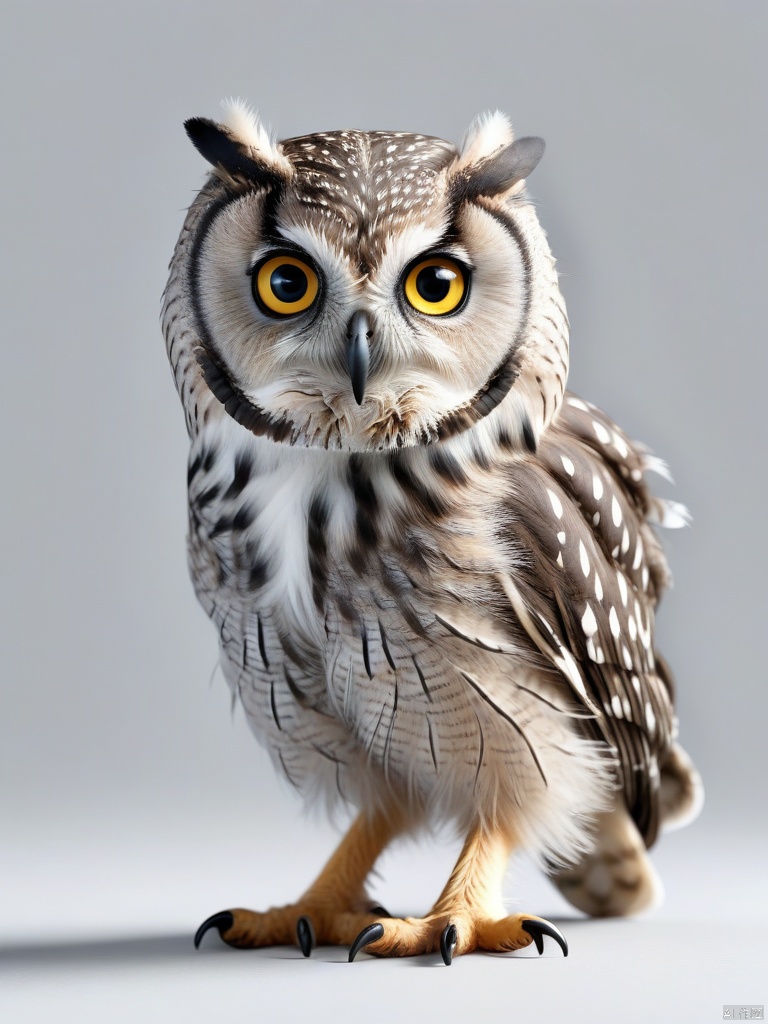 Cute owl,realistic,solo,claws,animal focus,white background,feathers,full body,grey background,shadow,looking at viewer,