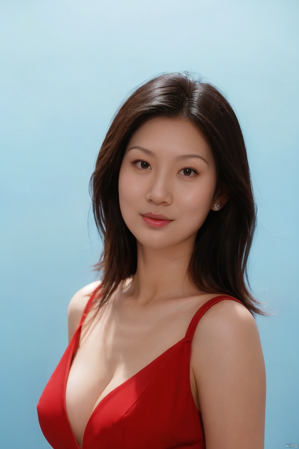 Cinematic, portrait, Kodak 5207 65mm flim, Shot by Arri Alexa 65 IMAX, Ultra photoreal, Insane Details, 32K,Realistic, --ar 3:4 --style raw --s 750 --v 6.0 --sref,jewelry, 1boy, solo, cleavage,big breasts,red low cut evening gown, blue background, realistic, upper_body, sleeveless, lips, black hair, brown_eyes, looking_at_viewer, nose, weiqiu