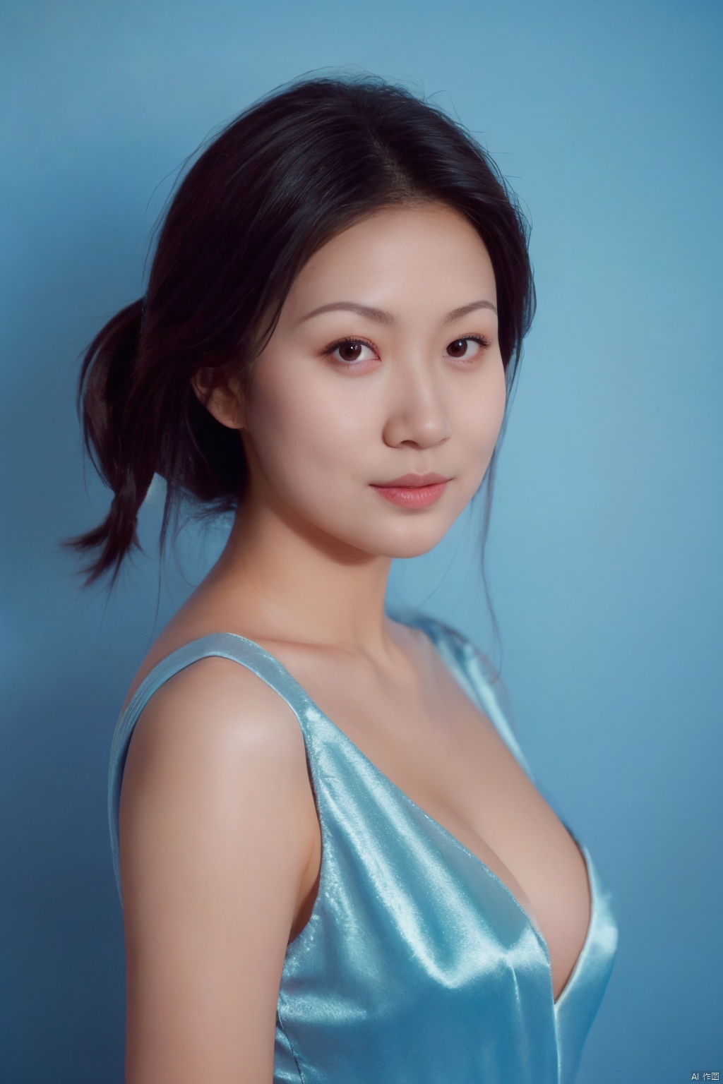 Cinematic, portrait, Kodak 5207 65mm flim, Shot by Arri Alexa 65 IMAX, Ultra photoreal, Insane Details, 32K,Realistic, --ar 3:4 --style raw --s 750 --v 6.0 --sref,jewelry, 1boy, solo, cleavage,big breasts,red low cut evening gown, blue background, realistic, upper_body, sleeveless, lips, black hair, brown_eyes, looking_at_viewer, nose, weiqiu