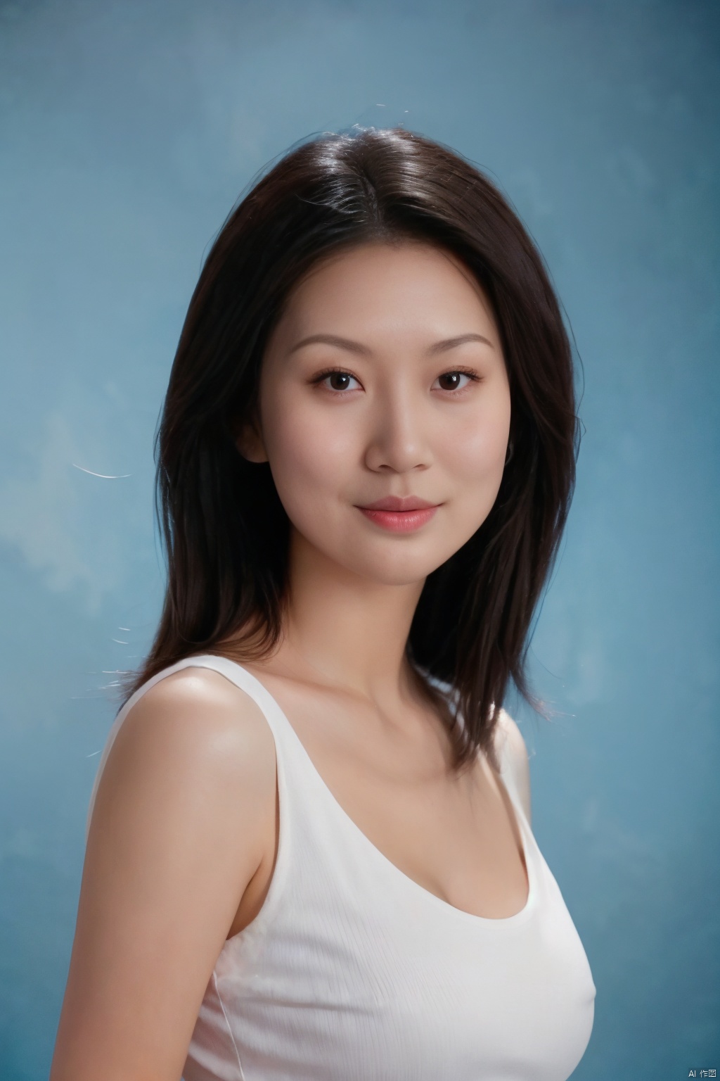 Cinematic, portrait, Kodak 5207 65mm flim, Shot by Arri Alexa 65 IMAX, Ultra photoreal, Insane Details, 32K,Realistic, --ar 3:4 --style raw --s 750 --v 6.0 --sref,jewelry, 1boy, solo, cleavage,big breasts,red low cut evening gown, blue background, realistic, upper_body, sleeveless, lips, black hair, brown_eyes, looking_at_viewer, nose, weiqiu