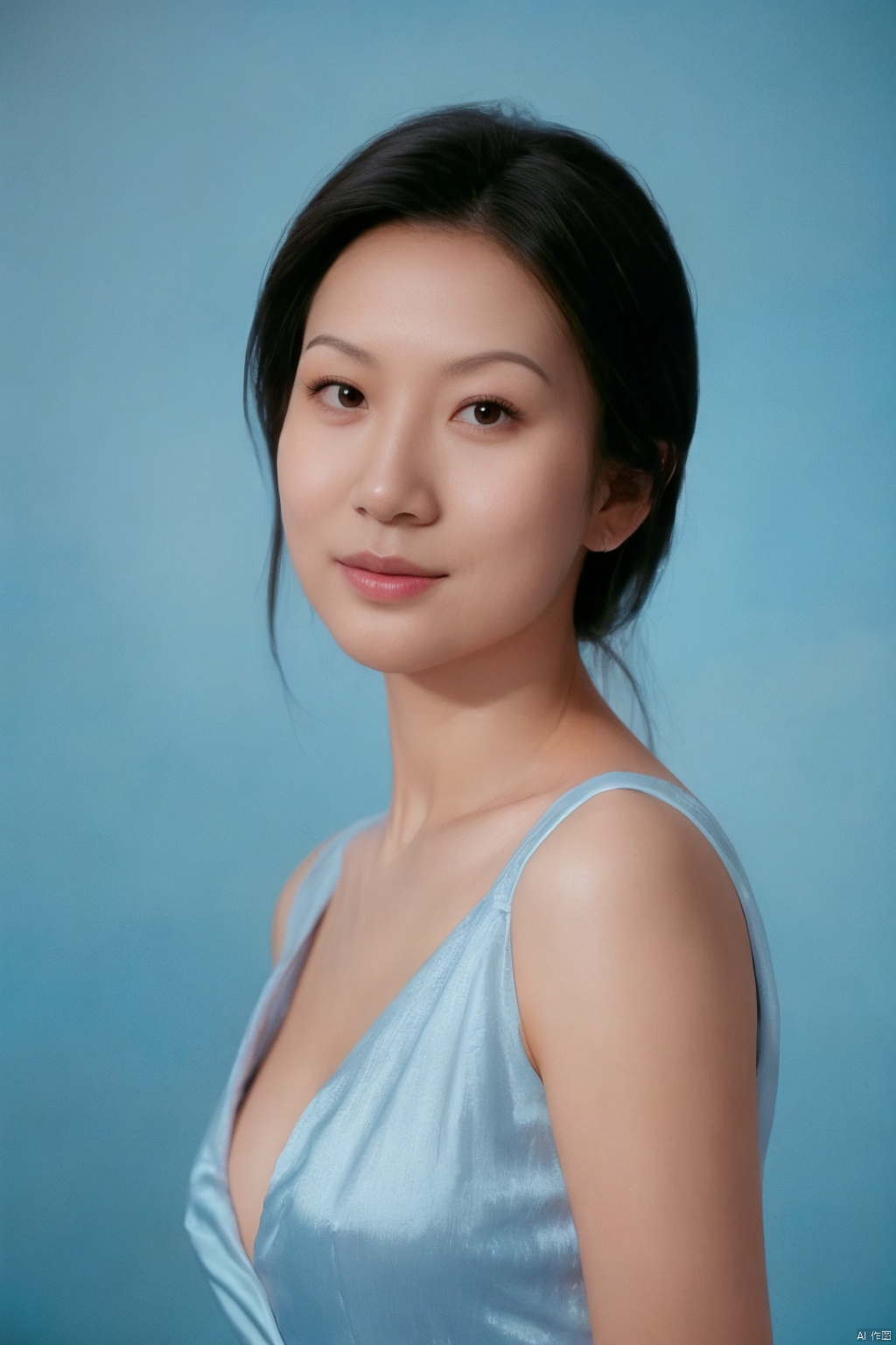 Cinematic, portrait, Kodak 5207 65mm flim, Shot by Arri Alexa 65 IMAX, Ultra photoreal, Insane Details, 32K,Realistic, --ar 3:4 --style raw --s 750 --v 6.0 --sref,jewelry, 1boy, solo, cleavage,big breasts,red low cut evening gown, blue background, realistic, upper_body, sleeveless, lips, black hair, brown_eyes, looking_at_viewer, nose, weiqiu