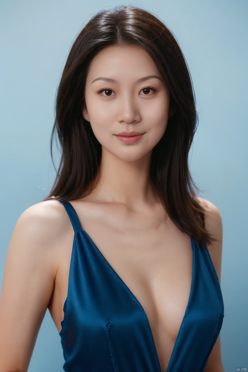 Cinematic, portrait, Kodak 5207 65mm flim, Shot by Arri Alexa 65 IMAX, Ultra photoreal, Insane Details, 32K,Realistic, --ar 3:4 --style raw --s 750 --v 6.0 --sref,jewelry, 1boy, solo, cleavage,big breasts,red low cut evening gown, blue background, realistic, upper_body, sleeveless, lips, black hair, brown_eyes, looking_at_viewer, nose, weiqiu