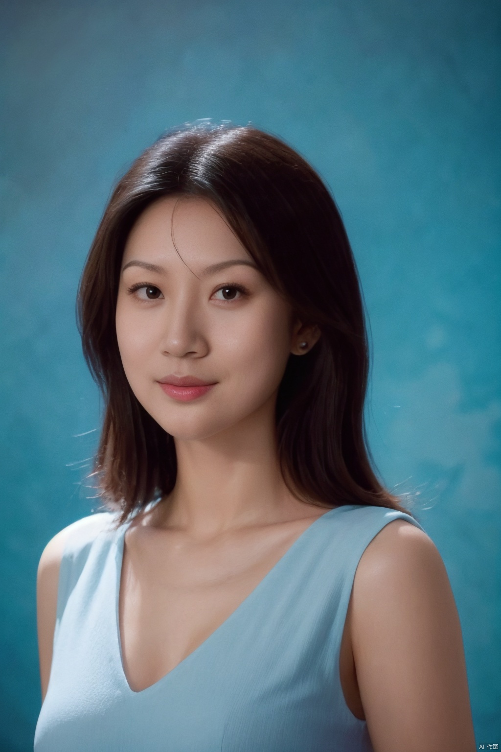 Cinematic, portrait, Kodak 5207 65mm flim, Shot by Arri Alexa 65 IMAX, Ultra photoreal, Insane Details, 32K,Realistic, --ar 3:4 --style raw --s 750 --v 6.0 --sref,jewelry, 1boy, solo, cleavage,big breasts,red low cut evening gown, blue background, realistic, upper_body, sleeveless, lips, black hair, brown_eyes, looking_at_viewer, nose, weiqiu