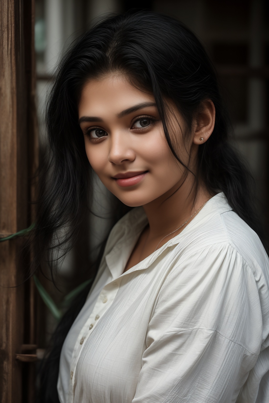 In this 8K masterpiece,  a Canon 1DX with a 50 mm f/2.8 lens captures the mesmerizing gaze of a young woman against a neut...
