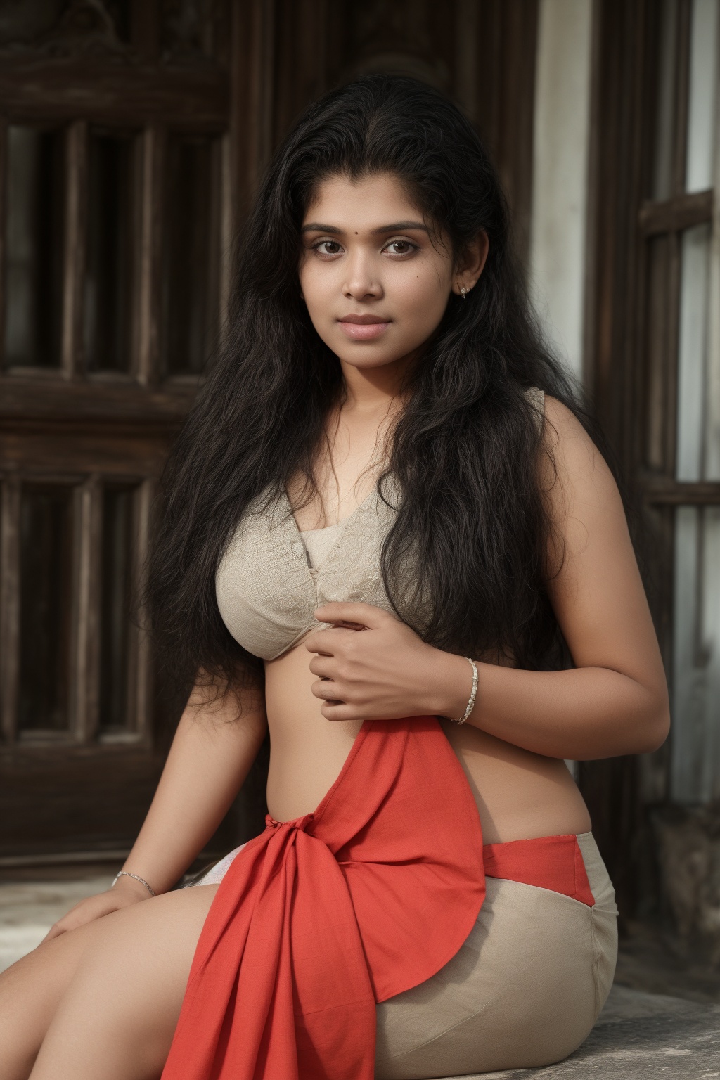 Red hair braided hair,  She remove Her red saree from navel and exposed Her big navel:2,  front view on Tensor.Art