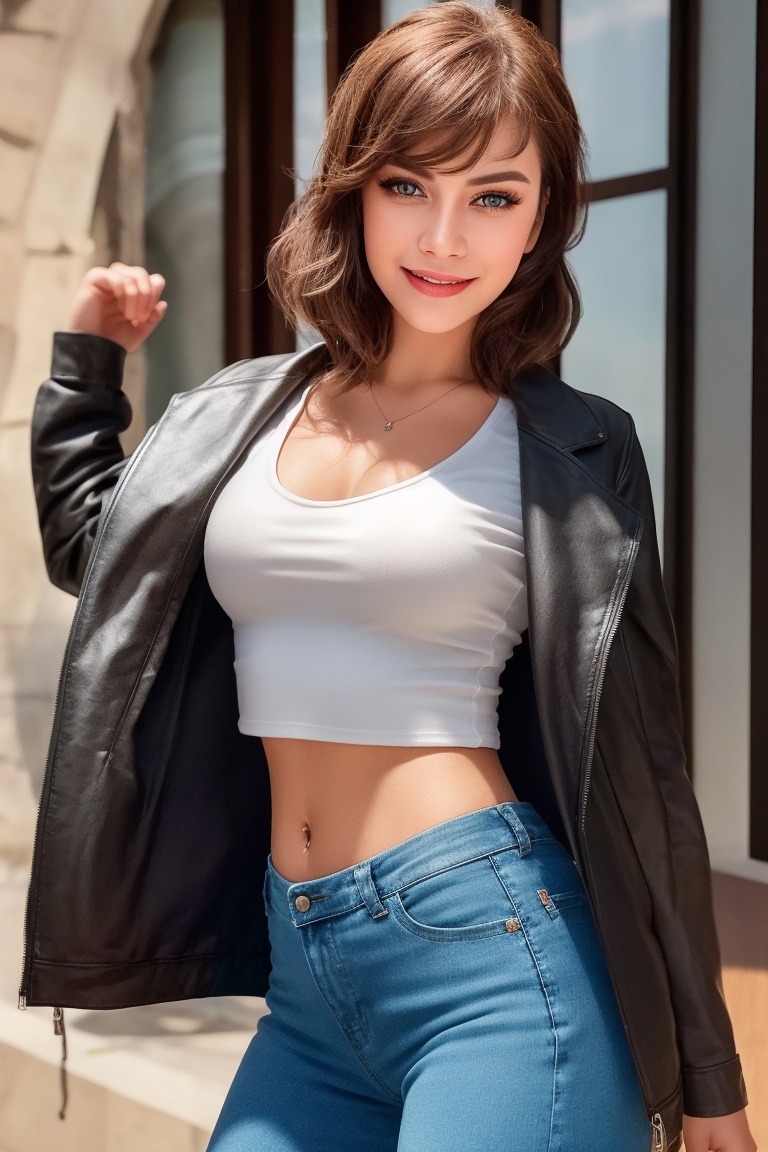 25-year-old woman with a bright pixie cut and medium breasts wears a bikers jacket and v neck tee,  exuding happiness as s...