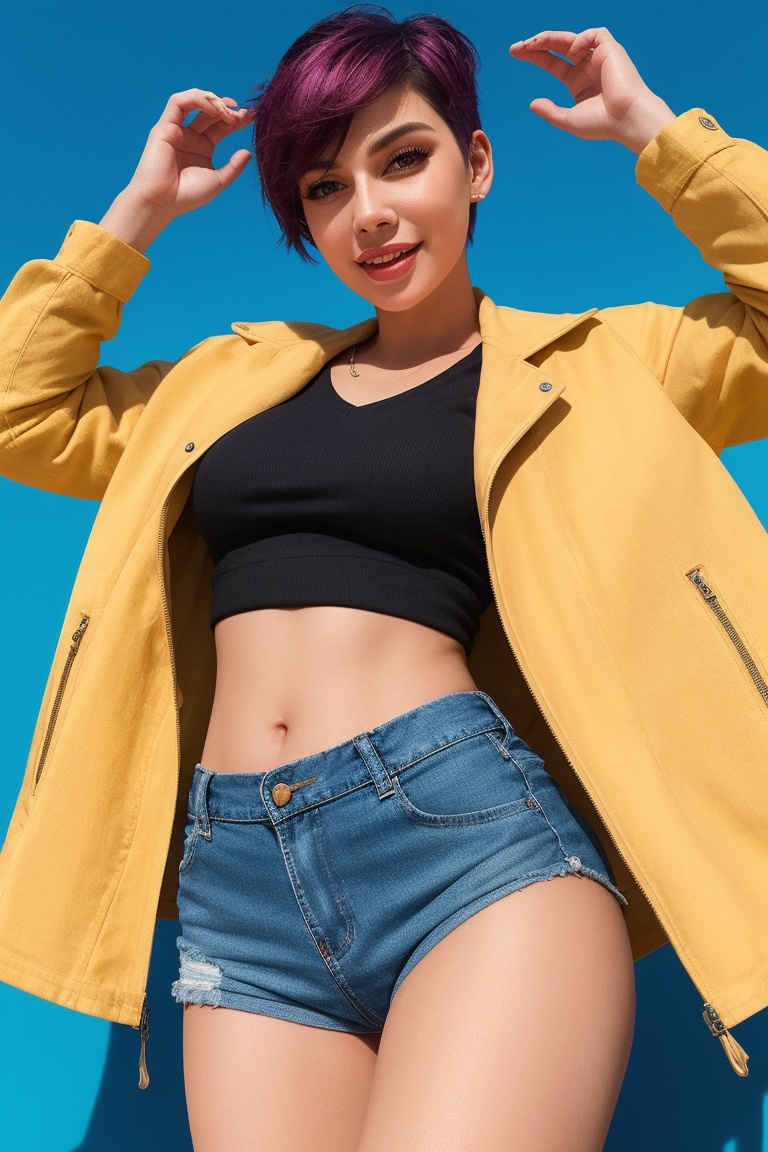 25-year-old woman with a bright pixie cut and medium breasts wears a bikers jacket and v neck tee,  exuding happiness as s...