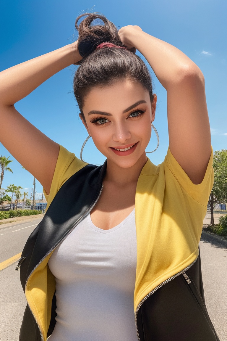 25-year-old woman with a bright ponytail and medium breasts wears a bikers jacket and v neck tee,  exuding happiness as sh...