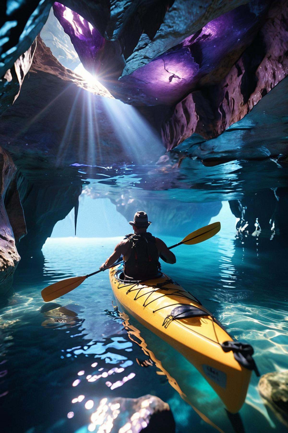 A beautiful cave with a kayak in the clear blue water with an Explorer admiring the natural beauty,  amethyst rocks gliste...