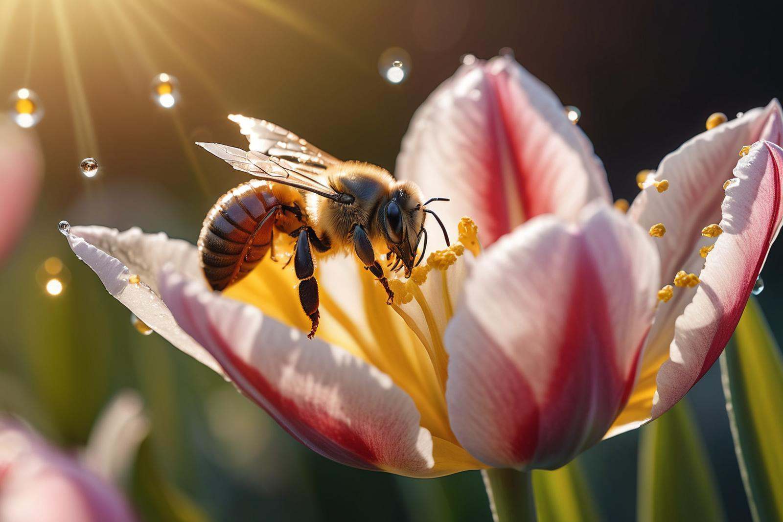 ((macro photography)) a single bee getting the pollen in a flower,  super detailed close up macro shot,  high definition o...