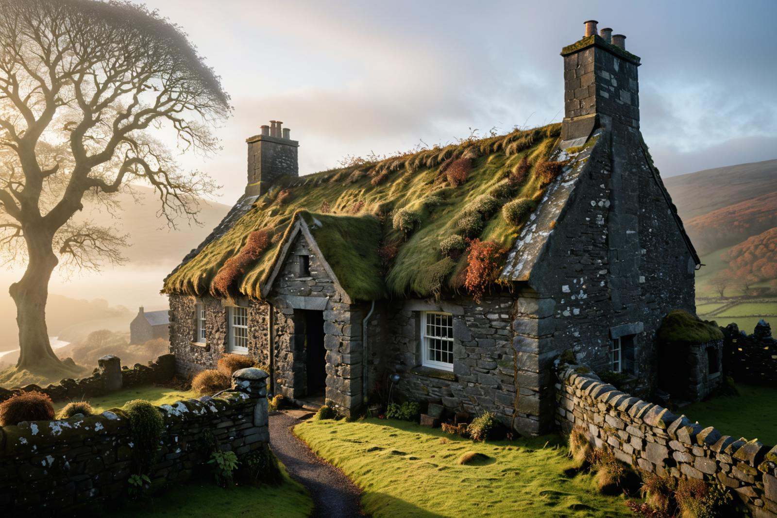 ((photo-realistic)) image of Craggy Island parochial house,  old Irish ({rough stone}) cottage with a flint roof,  two chi...