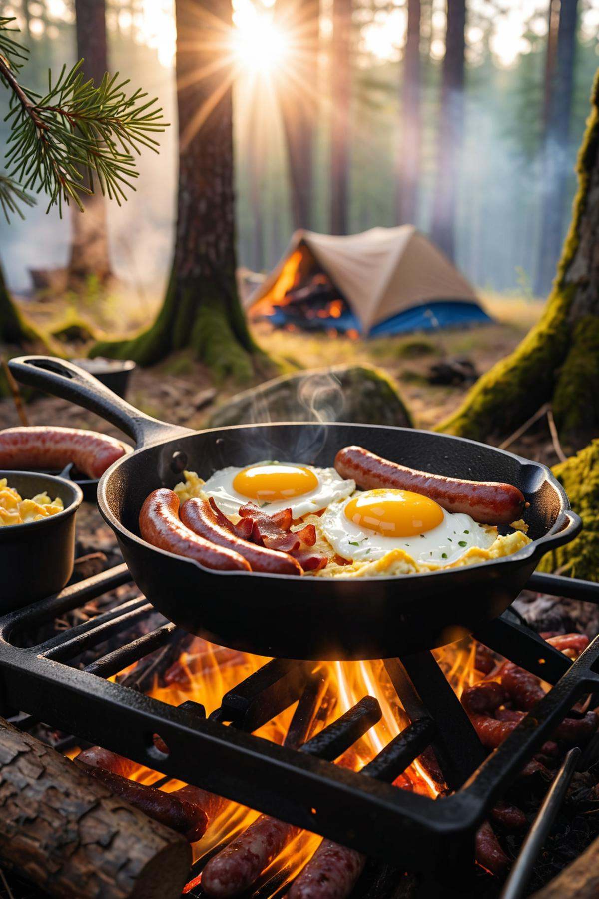 realistic camping breakfast with sausages and eggs in a cast iron skillet. Fried eggs with sausages in a pan in the forest...