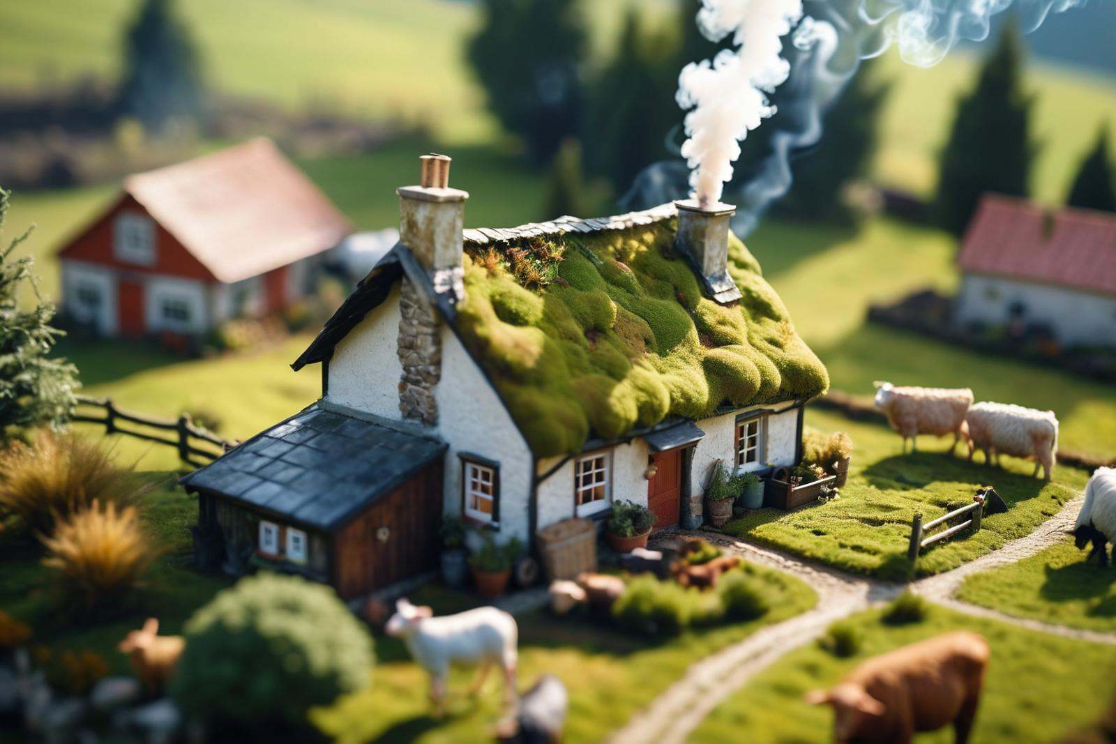 ((Tilt Shift style)),  overhead view from a distance,  moss-covered farm house on Tensor.Art