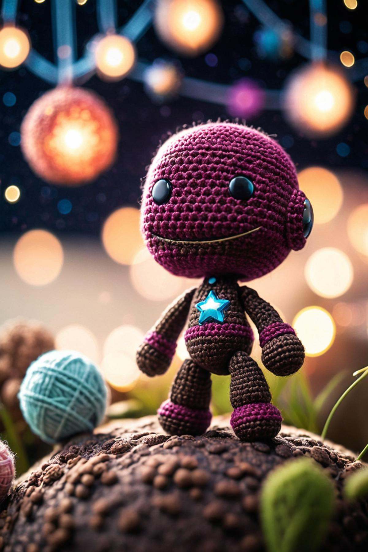 ((Sackboy)),  little Sony Playstation Sackboy standing on a Little Big Planet in a starry sky,  vibrant and whimsical on T...