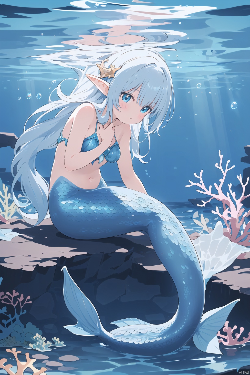 The mermaid, a girl, is at the bottom of the sea at night (a blue moonlight shines on the mermaid princess. The mermaid sits on the reef like an elf: 1.31). It has a beautiful posture, surrounded by sardine, beautiful water plants in the foreground, sparkling corals in the distance, beautiful bubbles, full body photos, ultra wide-angle lens, depth of field, (Beautiful composition, unified 8k wallpaper, super details, aesthetics, masterpiece, best quality, photos, masterpiece, authenticity, very detailed: complex details: 1.3),(Real scene, real light and shadow, real photos:1.32), 8k, (masterpiece), photos, wlqc, mermaid,solo,watercolor senery