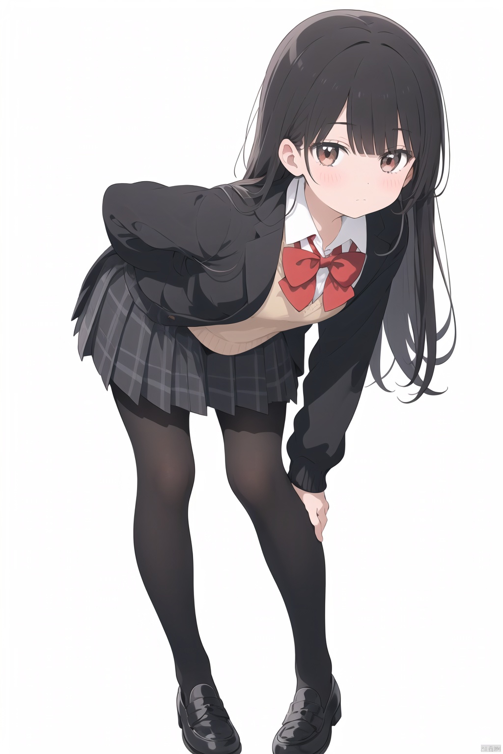 1girl, solo, pantyhose, skirt, long hair, loafers, shoes, simple background, school uniform, brown eyes, plaid, black pantyhose, plaid skirt, looking at viewer, black hair, pantyhose pull, full body, clothes pull, black footwear, pleated skirt, leaning forward, bangs, long sleeves, bent over, cardigan, bow, bowtie, standing, closed mouth, pulled by self, grey background, blush, miniskirt, red bow, sweater, **********, backlight, panties under pantyhose
