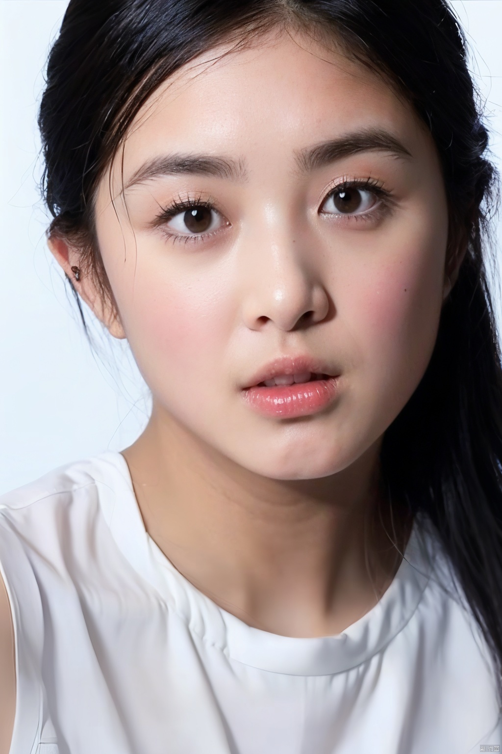 Cinematic, portrait, Kodak 5207 65mm flim, Shot by Arri Alexa 65 IMAX, Ultra photoreal, Insane Details, 32K,Realistic, --ar 3:4 --style raw --s 750 --v 6.0 --sref,jewelry, 1girl, solo,blue background, realistic, upper_body, sleeveless, lips, black hair, brown_eyes, looking_at_viewer, nose, weiqiu