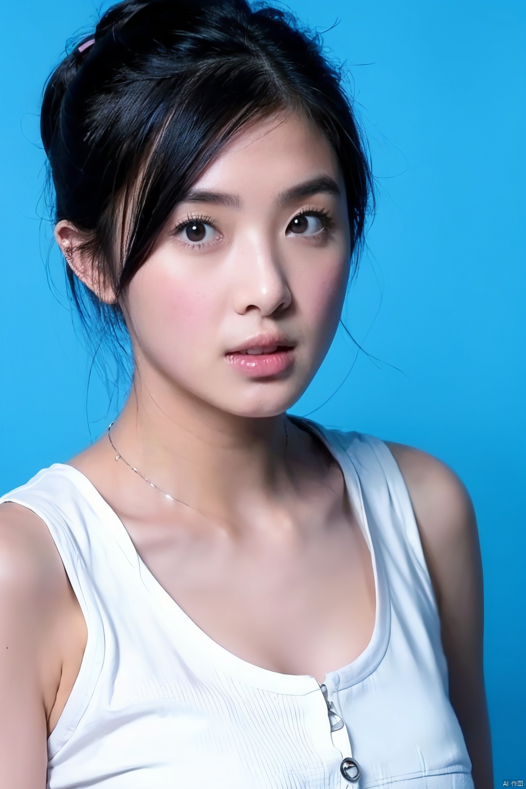 Cinematic, portrait, Kodak 5207 65mm flim, Shot by Arri Alexa 65 IMAX, Ultra photoreal, Insane Details, 32K,Realistic, --ar 3:4 --style raw --s 750 --v 6.0 --sref,jewelry, 1girl, solo,blue background, realistic, upper_body, sleeveless, lips, black hair, brown_eyes, looking_at_viewer, nose, weiqiu