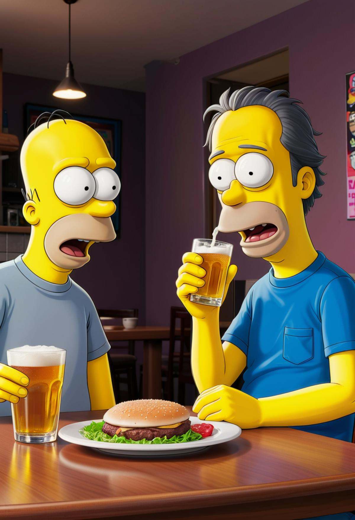 Rick Sanchez from rick and morty and Homer Simpson from the simpsons eating at bobs burgers drinking a beer on Tensor.Art