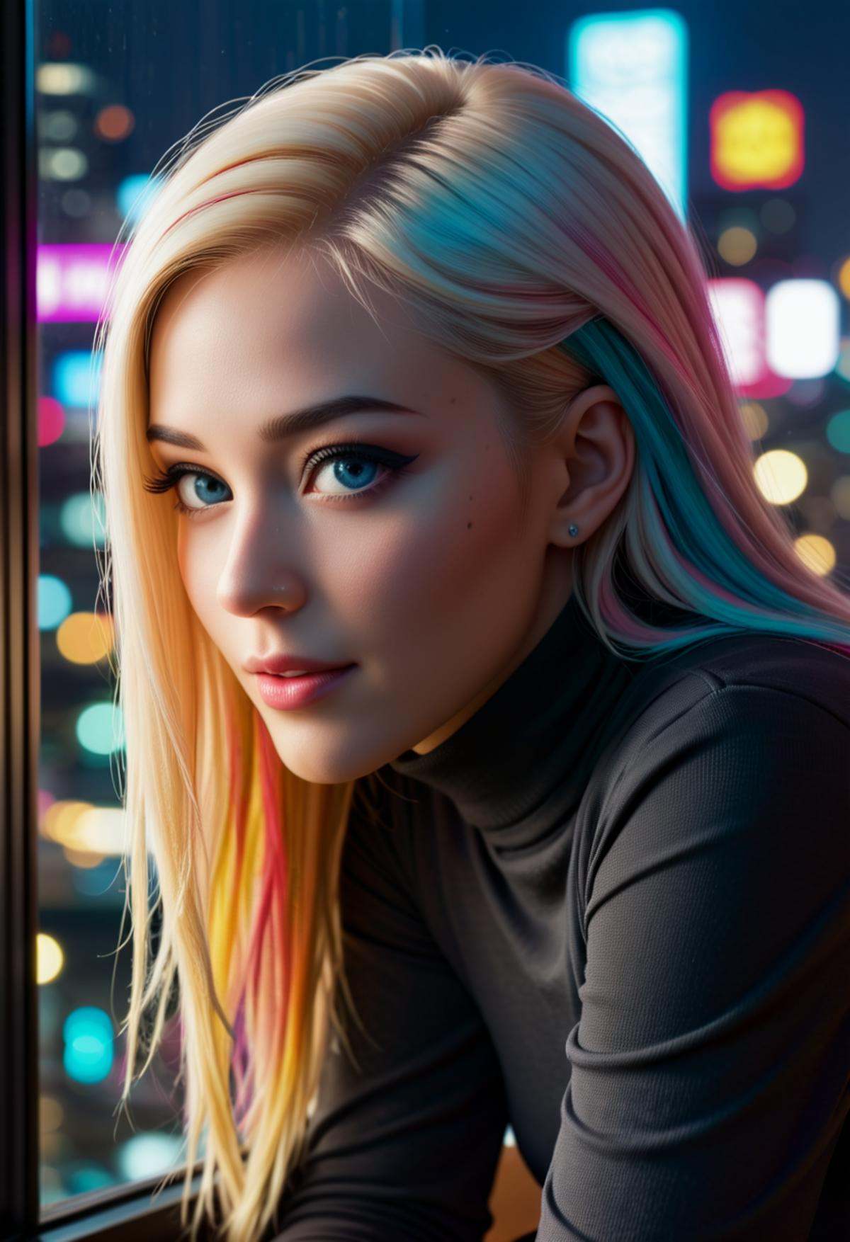 (macro) glamour shot of a beautiful asian young woman wearing a turtleneck bending forward to the viewer in front of a ove...
