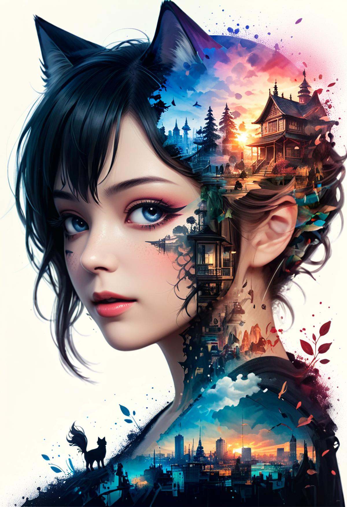 no scars to your beautiful kitten" double exposure collage art illustration,  silhouette art,  fantasy on Tensor.Art