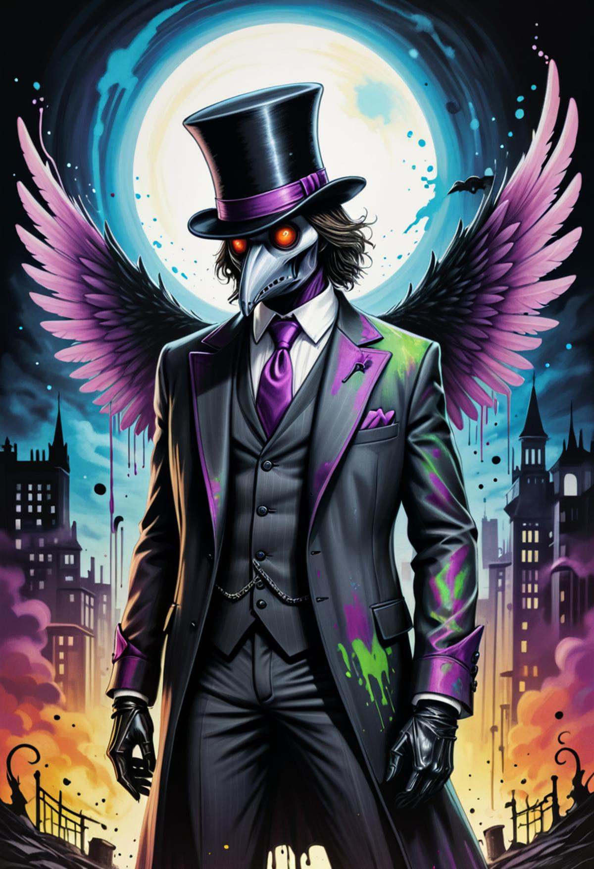 Plague Doctor dressed in a muti-colored flannel tuxedo,  top hat,  surrounded by bubbling on Tensor.Art