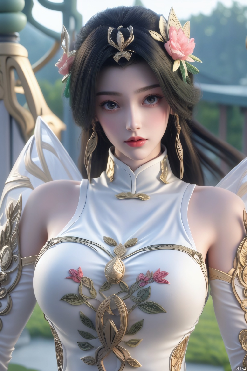  1girl, navel, solo, midriff, bare shoulders, lantern, hair ornament, flower, hair flower, paper lantern, black hair, red lips, looking at viewer, chinese clothes, (light pink dress),blurry, solo focus, long hair, lips, night, lipstick, outdoors, upper body, blurry,(huge breasts:1.399),(Ancient Chinese architectural background）, solo, makeup, hair bun, (Lotus texture embroidery:1.23), Yunxiao_Fairy,Xliushen,Xyunxi