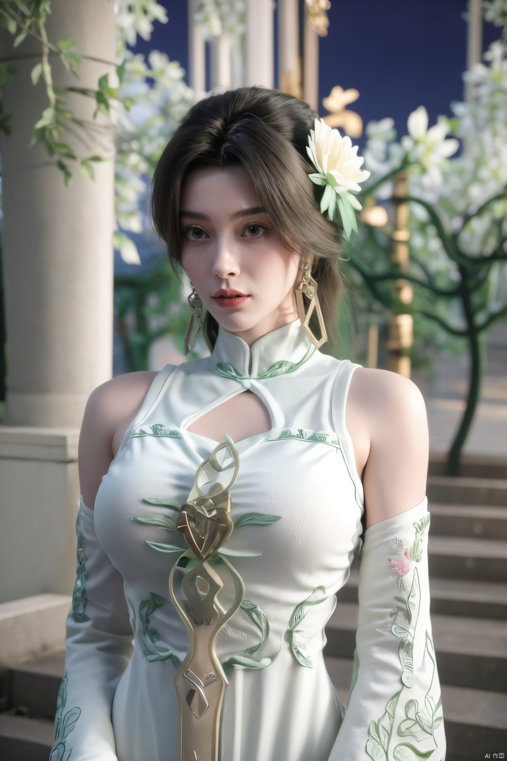  1girl, navel, solo, midriff, bare shoulders, lantern, hair ornament, flower, hair flower, paper lantern, black hair, red lips, looking at viewer, chinese clothes, (light pink dress),blurry, solo focus, long hair, lips, night, lipstick, outdoors, upper body, blurry,(huge breasts:1.399),(Ancient Chinese architectural background）, solo, makeup, hair bun, (Lotus texture embroidery:1.23), Yunxiao_Fairy,Xliushen,Xyunxi