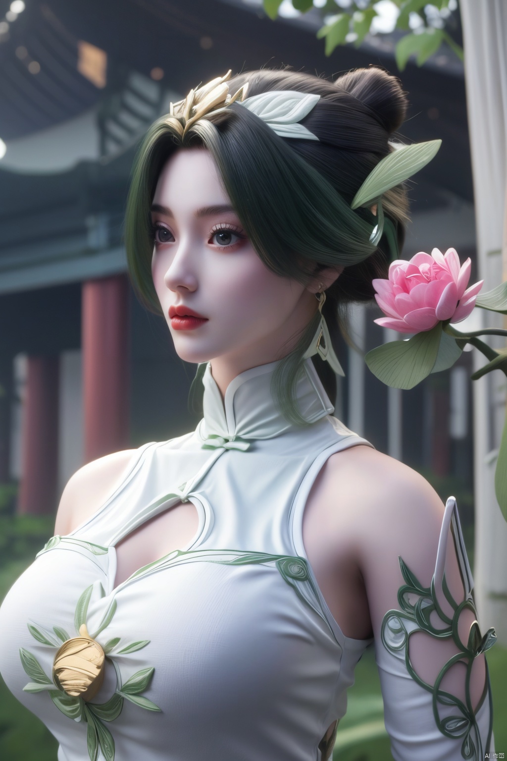  1girl, navel, solo, midriff, bare shoulders, lantern, hair ornament, flower, hair flower, paper lantern, black hair, red lips, looking at viewer, chinese clothes, (light pink dress),blurry, solo focus, long hair, lips, night, lipstick, outdoors, upper body, blurry,(huge breasts:1.399),(Ancient Chinese architectural background）, solo, makeup, hair bun, (Lotus texture embroidery:1.23), Yunxiao_Fairy,Xliushen,Xyunxi