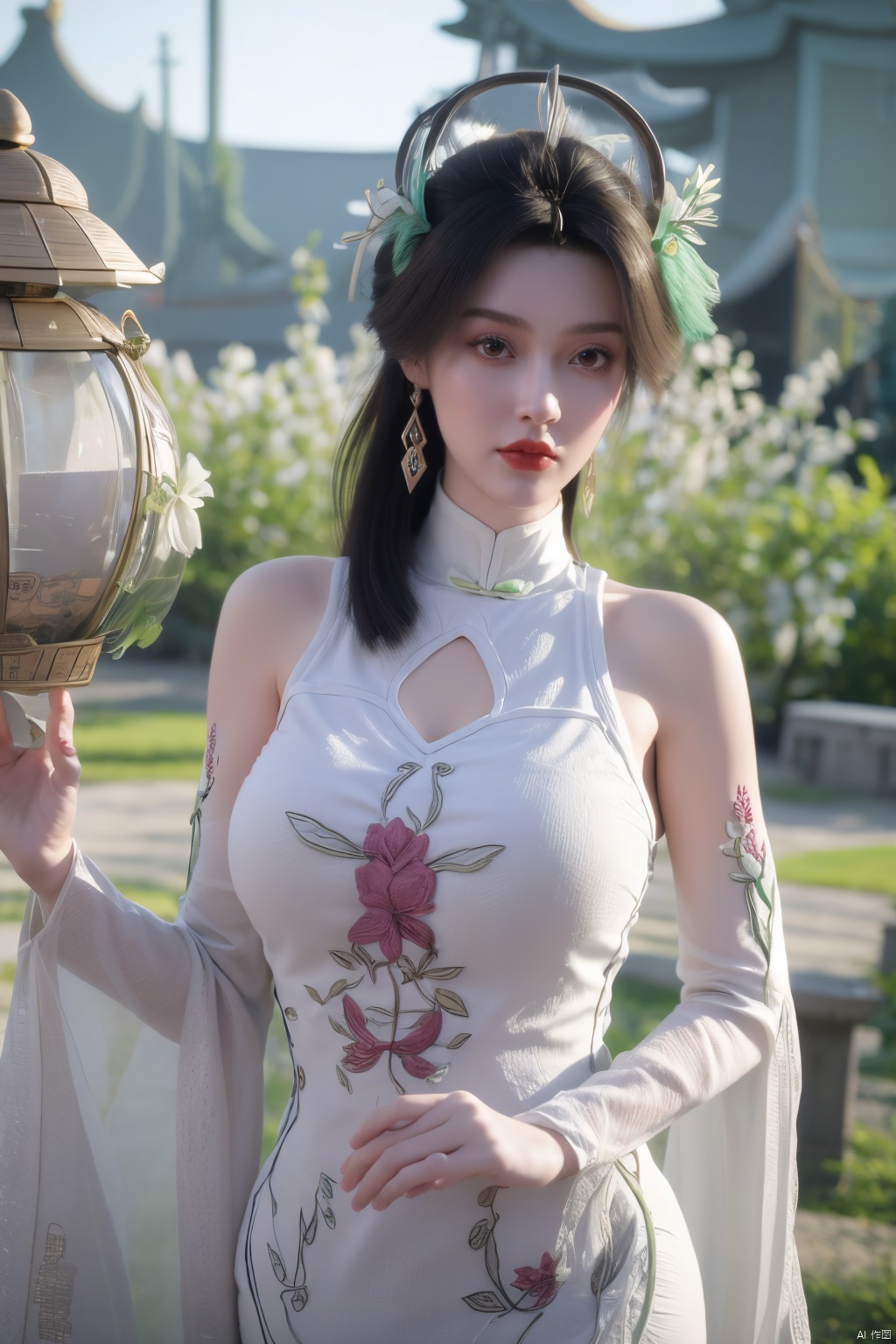  1girl, navel, solo, midriff, bare shoulders, lantern, hair ornament, flower, hair flower, paper lantern, black hair, red lips, looking at viewer, chinese clothes, (light pink dress),blurry, solo focus, long hair, lips, night, lipstick, outdoors, upper body, blurry,(huge breasts:1.399),(Ancient Chinese architectural background）, solo, makeup, hair bun, (Lotus texture embroidery:1.23), Yunxiao_Fairy,Xliushen,Xyunxi