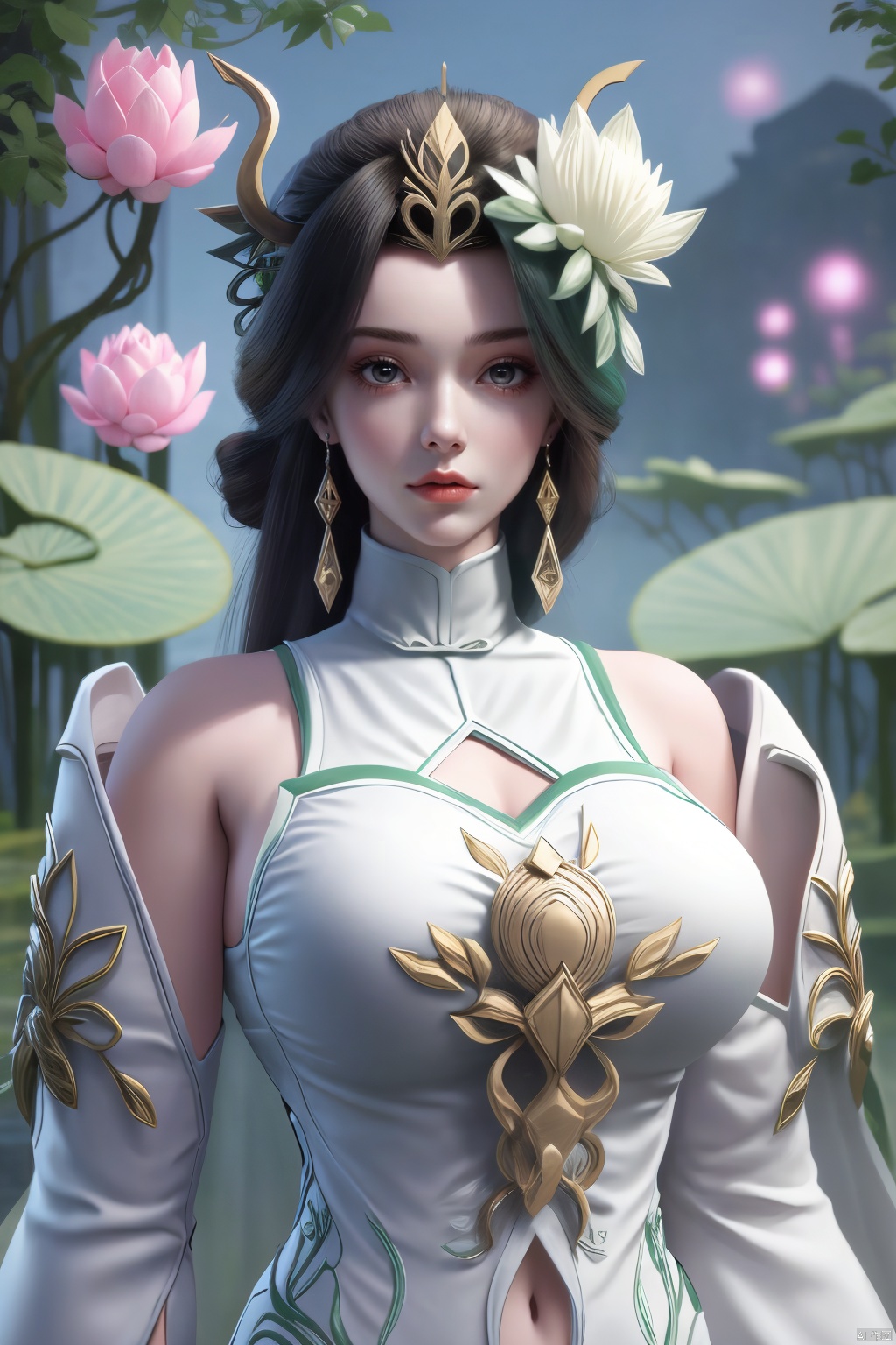  1girl, navel, solo, midriff, bare shoulders, lantern, hair ornament, flower, hair flower, paper lantern, black hair, red lips, looking at viewer, chinese clothes, (light pink dress),blurry, solo focus, long hair, lips, night, lipstick, outdoors, upper body, blurry,(huge breasts:1.399),(Ancient Chinese architectural background）, solo, makeup, hair bun, (Lotus texture embroidery:1.23), Yunxiao_Fairy,Xliushen,Xyunxi