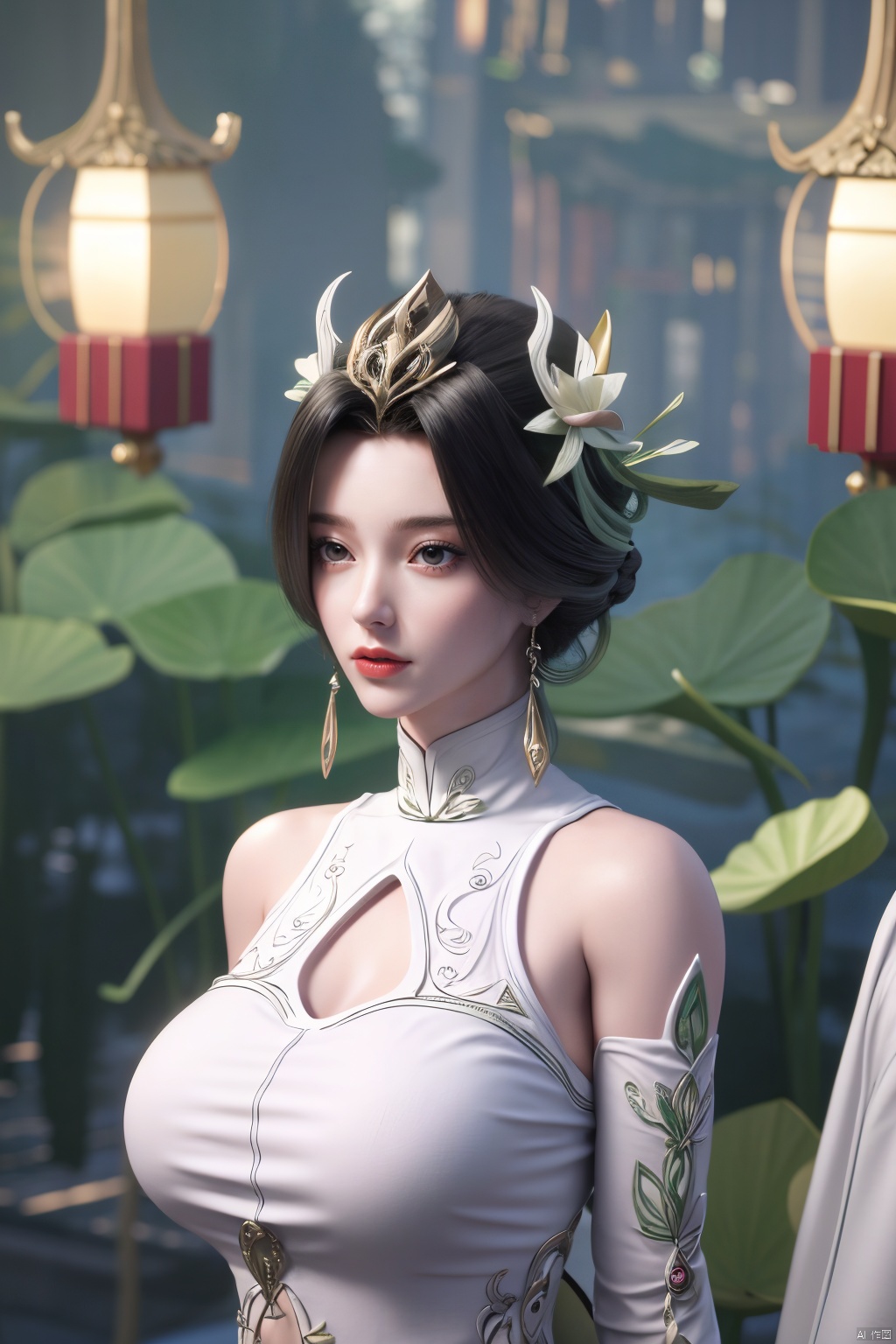  1girl, navel, solo, midriff, bare shoulders, lantern, hair ornament, flower, hair flower, paper lantern, black hair, red lips, looking at viewer, chinese clothes, (light pink dress),blurry, solo focus, long hair, lips, night, lipstick, outdoors, upper body, blurry,(huge breasts:1.399),(Ancient Chinese architectural background）, solo, makeup, hair bun, (Lotus texture embroidery:1.23), Yunxiao_Fairy,Xliushen,Xyunxi