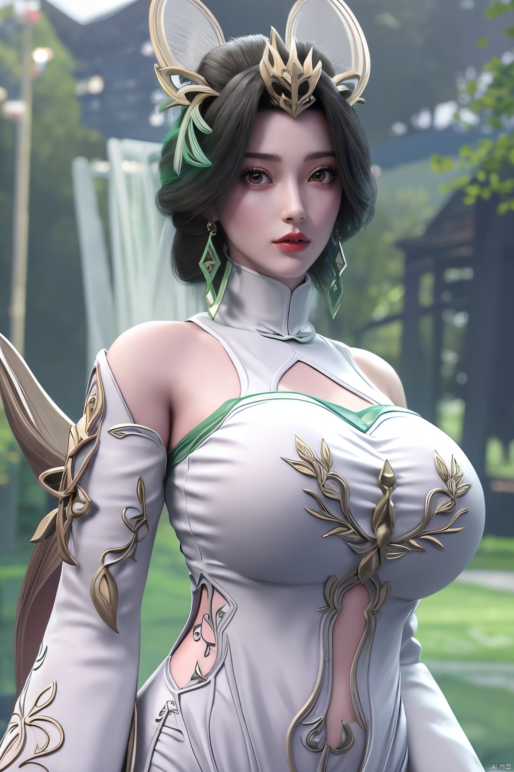  1girl, navel, solo, midriff, bare shoulders, lantern, hair ornament, flower, hair flower, paper lantern, black hair, red lips, looking at viewer, chinese clothes, (light pink dress),blurry, solo focus, long hair, lips, night, lipstick, outdoors, upper body, blurry,(huge breasts:1.399),(Ancient Chinese architectural background）, solo, makeup, hair bun, (Lotus texture embroidery:1.23), Yunxiao_Fairy,Xliushen,Xyunxi