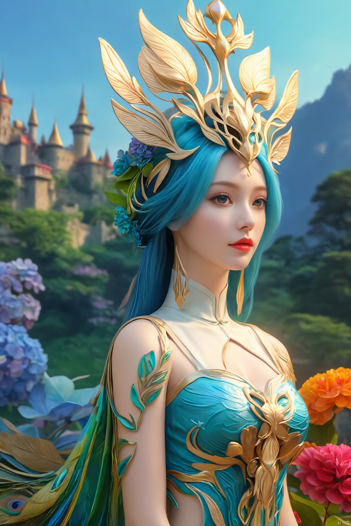  Best Quality, masterpiece, ultra-high resolution, (photo realistic: 1.4) , Surrealism, Fantastical verisimilitude, beautiful blue-skinned goddess Phoenix Peacock on her head, fantastical creation, thriller color scheme, surrealism, abstract, psychedelic, 1 girl,flower,castle,jyy-hd,1 girl,(big breasts:1.39),,Xliushen,Xyunxi,Xhuolinger,X-Hydrangea,Hydrangea, ty-hd