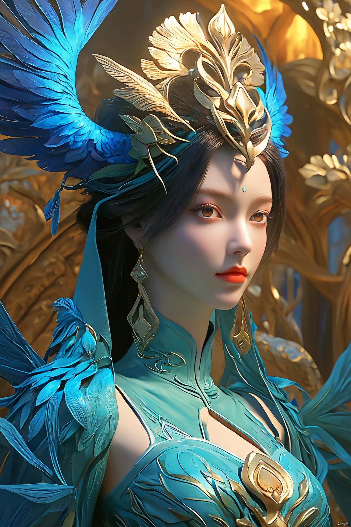  Best Quality, masterpiece, ultra-high resolution, (photo realistic: 1.4) , Surrealism, Fantastical verisimilitude, beautiful blue-skinned goddess Phoenix Peacock on her head, fantastical creation, thriller color scheme, surrealism, abstract, psychedelic, 1 girl,flower,castle,jyy-hd,1 girl,(big breasts:1.39),,Xliushen,Xyunxi,Xhuolinger,X-Hydrangea,Hydrangea, ty-hd