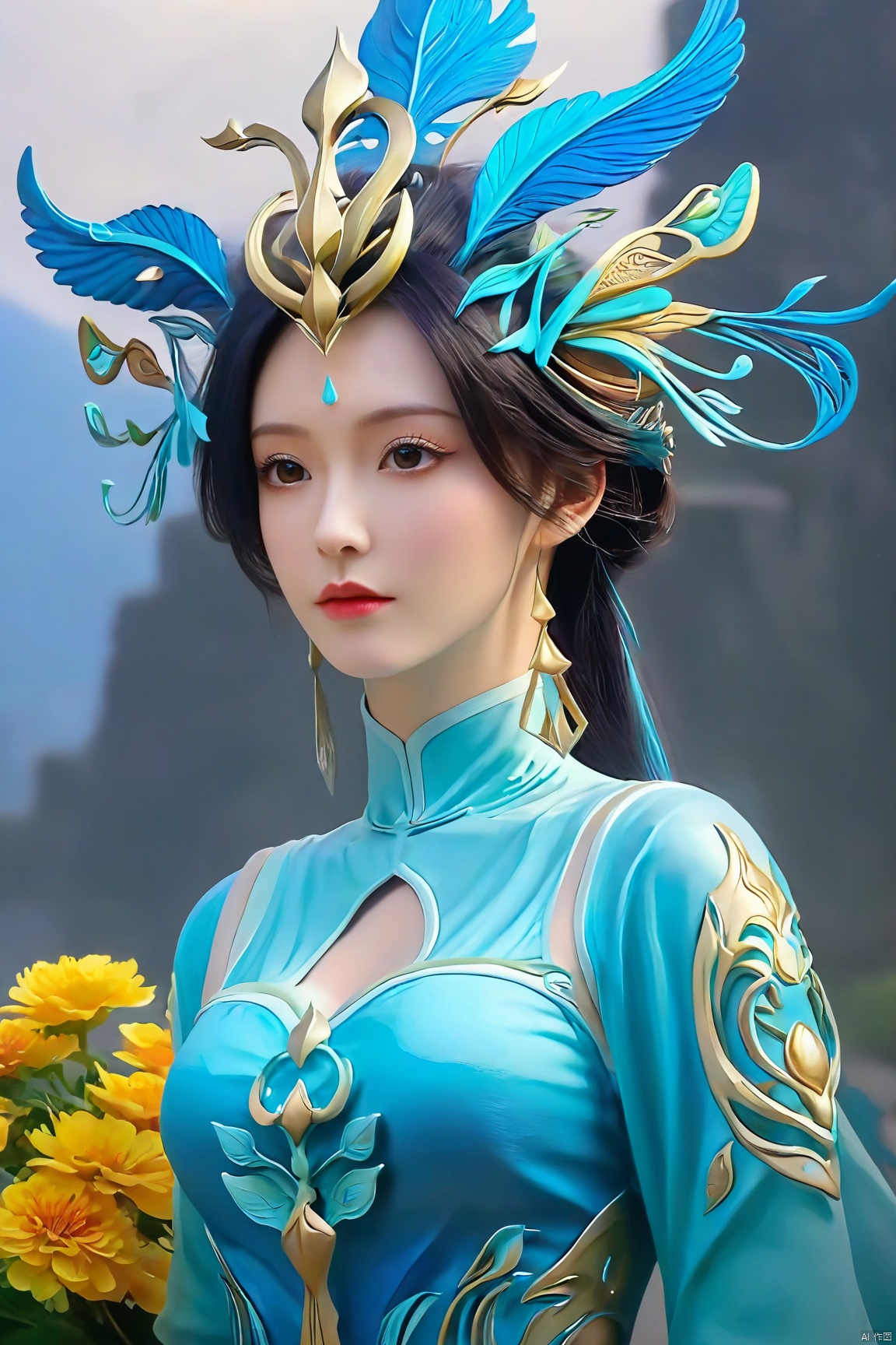  Best Quality, masterpiece, ultra-high resolution, (photo realistic: 1.4) , Surrealism, Fantastical verisimilitude, beautiful blue-skinned goddess Phoenix Peacock on her head, fantastical creation, thriller color scheme, surrealism, abstract, psychedelic, 1 girl,flower,castle,jyy-hd,1 girl,(big breasts:1.39),,Xliushen,Xyunxi,Xhuolinger,X-Hydrangea,Hydrangea, ty-hd