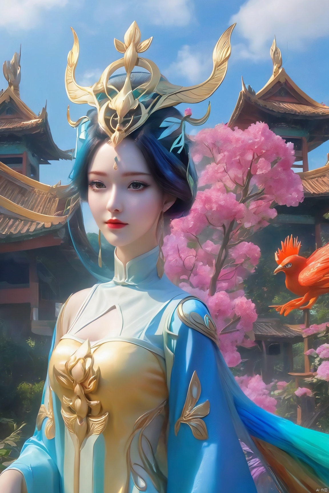  Best Quality, masterpiece, ultra-high resolution, (photo realistic: 1.4) , Surrealism, Fantastical verisimilitude, beautiful blue-skinned goddess Phoenix Peacock on her head, fantastical creation, thriller color scheme, surrealism, abstract, psychedelic, 1 girl,flower,castle,jyy-hd,1 girl,(big breasts:1.39),,Xliushen,Xyunxi,Xhuolinger,X-Hydrangea,Hydrangea, ty-hd