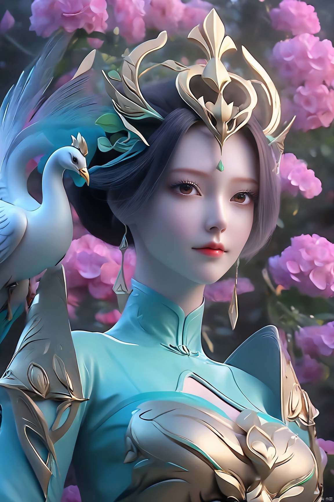  Best Quality, masterpiece, ultra-high resolution, (photo realistic: 1.4) , Surrealism, Fantastical verisimilitude, beautiful blue-skinned goddess Phoenix Peacock on her head, fantastical creation, thriller color scheme, surrealism, abstract, psychedelic, 1 girl,flower,castle,jyy-hd,1 girl,(big breasts:1.39),,Xliushen,Xyunxi,Xhuolinger,X-Hydrangea,Hydrangea, ty-hd