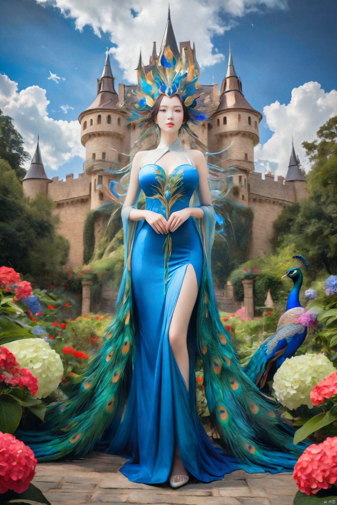  Best Quality, masterpiece, ultra-high resolution, (photo realistic: 1.4) , Surrealism, Fantastical verisimilitude, beautiful blue-skinned goddess Phoenix Peacock on her head, fantastical creation, thriller color scheme, surrealism, abstract, psychedelic, 1 girl,flower,castle,jyy-hd,1 girl,(big breasts:1.39),,Xliushen,Xyunxi,Xhuolinger,X-Hydrangea,Hydrangea, ty-hd